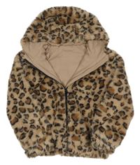 Béžovo-černá kožešinová podšitá bunda s leopardím vzorem a kapucí F&F