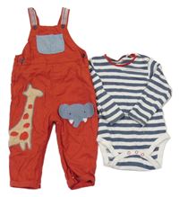 2set - Skořicové plátěné podšité laclové kalhoty s žirafou a slonem + pruhované body Next