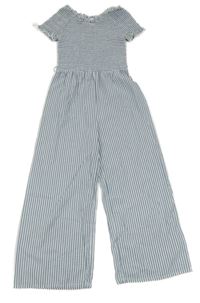 Modro-bílý pruhovaný krepový kalhotový culottes overal C&A
