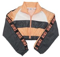 Oranžovo-bílo-antracitová šusťáková sportovní crop bunda s nápisy 