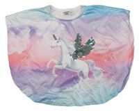 Modro-lila-růžové tričkové pončo s jednorožcem a flitry Infiniti Kids