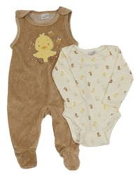 2 Set - Vanilkové body s kuřátky + Hnědé sametové dupačky s kuřátkem Orsolino