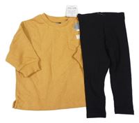 Nové - 2set - Medová oversize mikina s kapsou + černé žebrované legíny Next