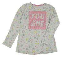 Šedé melírované triko s kytičkami a nápisem Kids