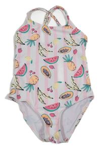 Bílo-růžové pruhované jednodílné plavky s ovocem Primark