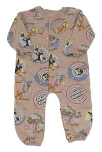 Béžovorůžový teplákový overal s Tweetym a Sylvesterem loony tunes