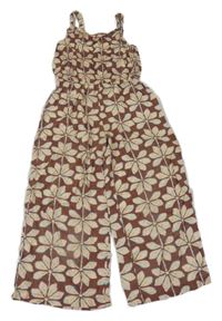 Hnědo-béžový vzorovaný lněný culottes overal Zara