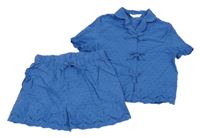 2 Set Modrá vzorovaná halenka s madeirou + kraťasy M&S