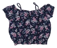 Tmavomodré květované crop tričko s listy Kiki&Koko