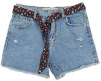Modré mid rise riflové kraťasy s prošoupáním a páskem Denim Co.
