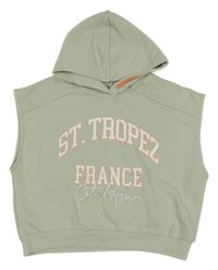 Světleolivová tepláková oversize crop vesta s nápisy a kapucí RIVER ISLAND