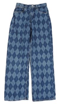 Modré kárované široké high waist rifle H&M