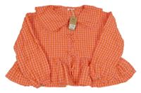 Nová - Oranžovo-růžová kostkovaná oversize halenka s límečkemNext