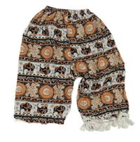Bílo-černo-oranžové vzorované lehké culottes kalhoty