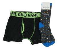 Nové - 2set - Černo-zelené boxerky + antracitovo-barevné puntíkaté ponožky 