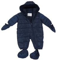 Tmavomodrá šusťáková zimní kombinéza s kapucí + rukavice + boty M&S