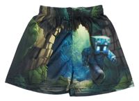 Khaki-zelené sportovní kraťasy s potiskem Minecraft 