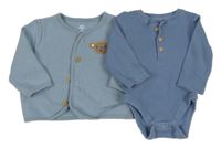 2 set - modré žebrované body s knoflíky + šedomodrá propínací mikina s medvědem 