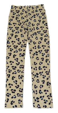 Béžovo-tmavomodro-růžové plyšové pyžamové kalhoty s leopardím vzorem Yigga