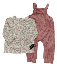 Nové - 2set - Růžové sametové laclové tepláky s volánem + květované triko Dunnes
