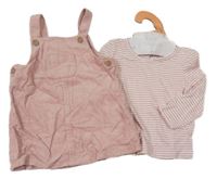 Nové - 2set - Světlerůžové manšestrové laclové šaty + pruhované triko Primark