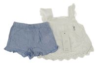 Nové - 2set - Bílá halenková tunika + modro-bílé pruhované plátěné kraťasy F&F